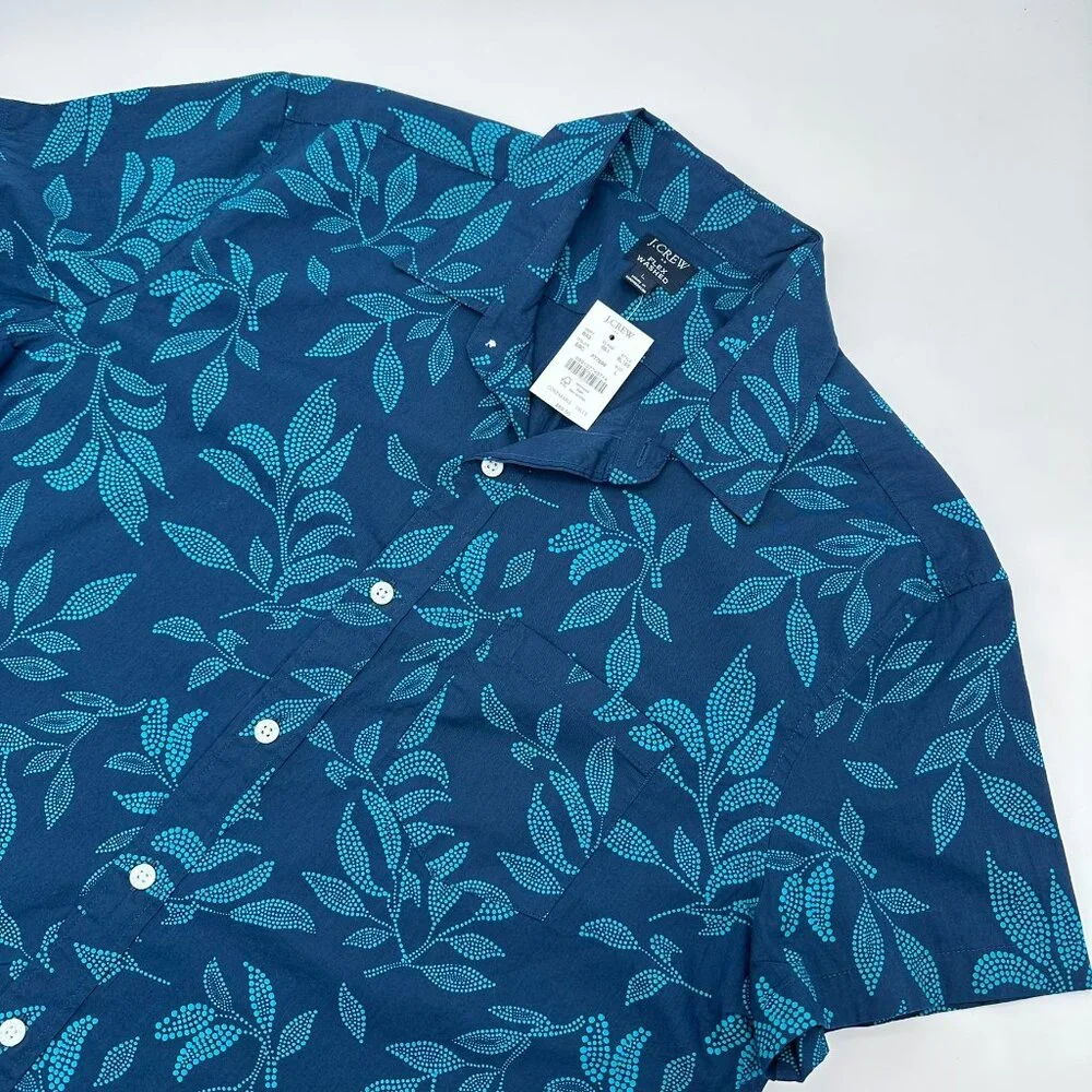J. Crew Men's Casual Flex Washed Floral Print Short Sleeve Shirt Size Large Blue